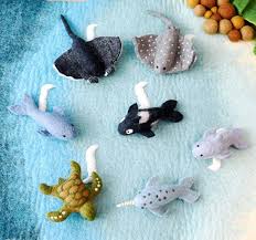 Felt Ocean Marine Mammal Set - Orca, Whale, Dophin, Narwhal