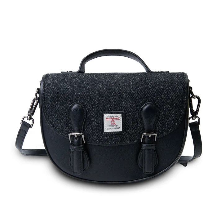 Black Herringbone Medium Cobble Satchel